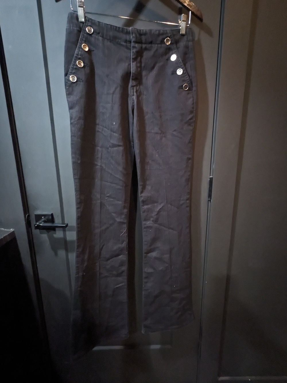 High-Waist Black Sailor-Button Wide Leg Chinos